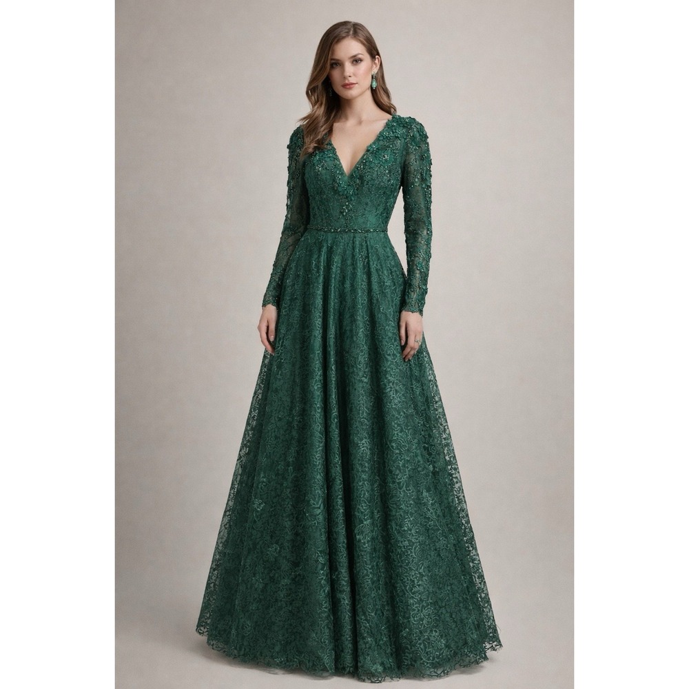 NWT Mac Duggal [ 2 ] 11215 Floral Embellished Long Sleeve ALine Gown Green J2059